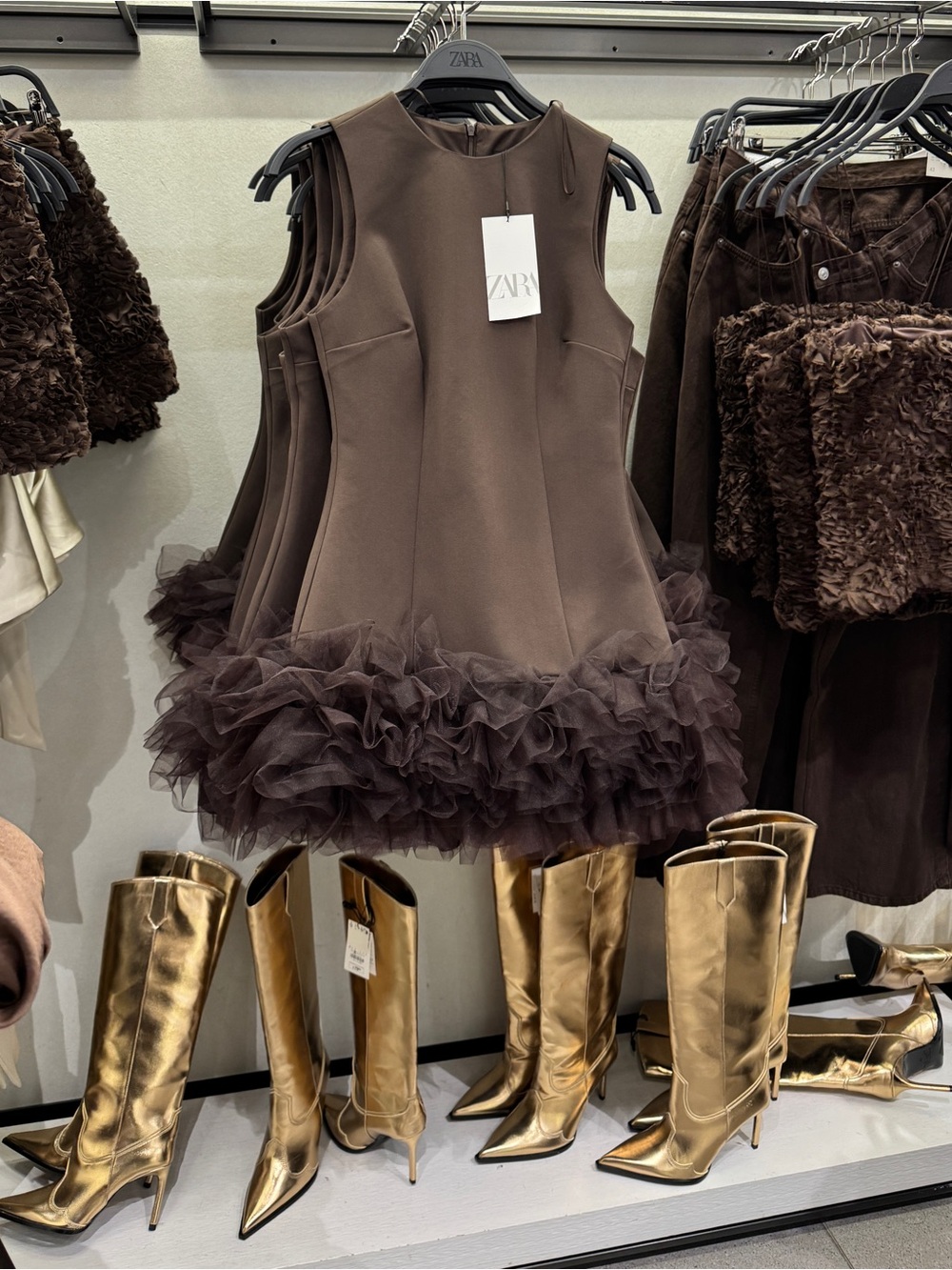 Zara Dark Brown Tulle-Hem A-Line Dress